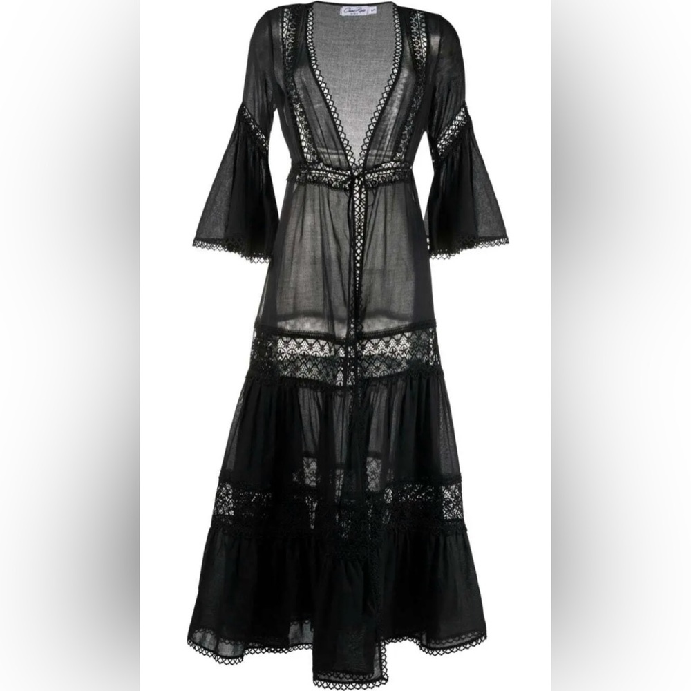 Charo Ruiz Black Floral Lace Embroidered V Neck Dress Cover Up